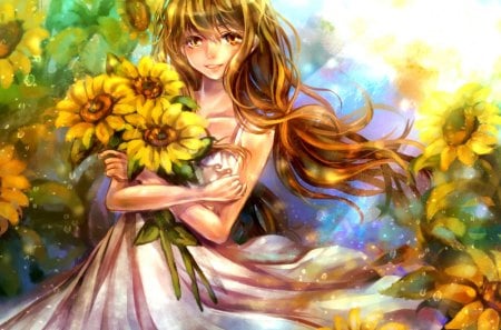 FLOWER GIRL - a smile, sunflowers, art, girl, a bouquet, flowers, tandolcedeco