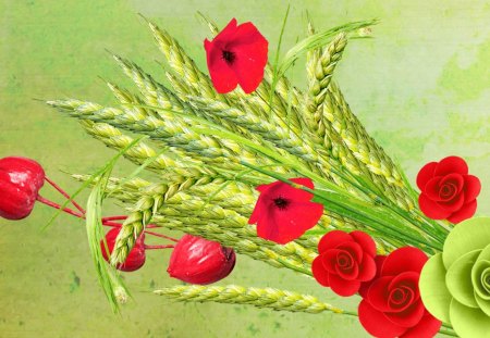 Wheat Grass and Flowers - poppies, summer, fluers, pods, grass, flowers, fall, wheat, seeds, nature, green, rose, field, wild flowers