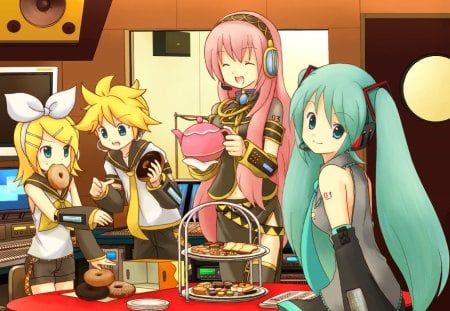 Snack Time! - fun, vocaloid, yellow, kawaii, project diva, blue, donuts, sweets, hatsune miku, kagamine len, pink, happy, kagamine rin, doughnuts, other, artwork, tea, hatsune miku project diva, cheerful, megurine luka, cute, video games, snacks