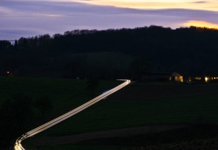 follow the light - dusk, road, light, house, fields