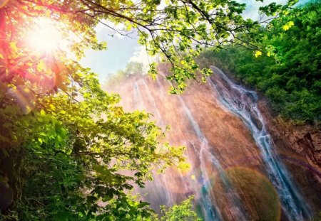 the best waterfall scape - cliff, forest, waterfall, sun