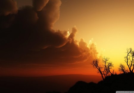 wondrous nightfall - sky, hill, trees, clouds