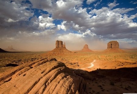 sandstorm in monument valley utah - clouds, sandstorm, desert, road, monuments