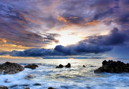 great sky over rocky shore - sky, clouds, shore, sea, rocks