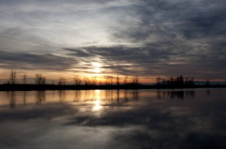 beautiful sunset reflection - sky, lake, trees, sunset, grey