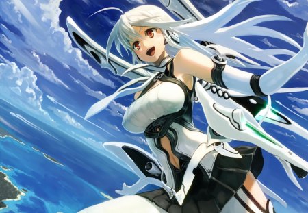 Anime - weapon, water, long hair, sky