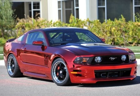 Chrome Red - black rims, lowered, ford, mustang