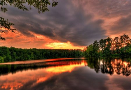 wonderful sunset - sunset, forest, clouds, river