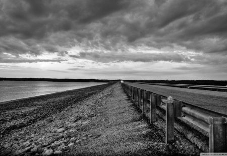 trouble approaching - lake, lights, road, clouds