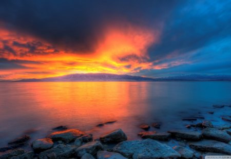 outstanding utah lake sunset hdr - lake, clouds, sunset, hdr, rocks