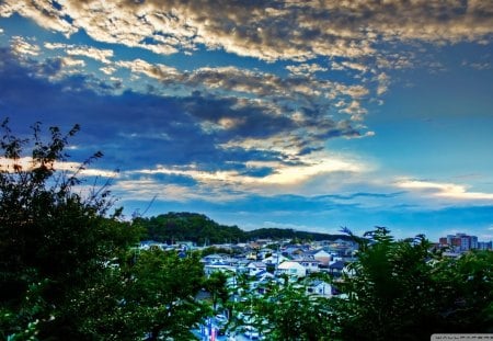 waiting for the sunset - hills, town, trees, clouds