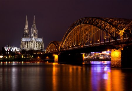 Cologne Cathedral & Hohenzollern Bridge - hohenzollern, pretty, cologne, water, beautiful, city, night, reflection, cathedral, river, time, old, classic, bridge