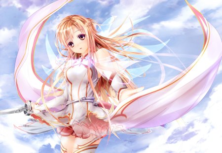 Yuuki Asuna - breasts, anime girl, female, hot, thighhighs, yuuki asuna, flying, sword, brown hair, cool, long hair, sword art online, wings, cloud, sexy, sky