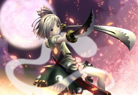 Konpaku Youmu - sword, touhou, cool, konpaku youmu, short hair, katana, hot, gray hair, anime girl, hairband, cherry blossom, petals, full moon, sexy, moon, female