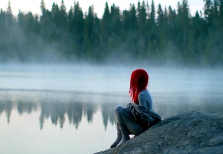 LONELY GIRL in the FOG - lake, girl, lonely, fog, red head