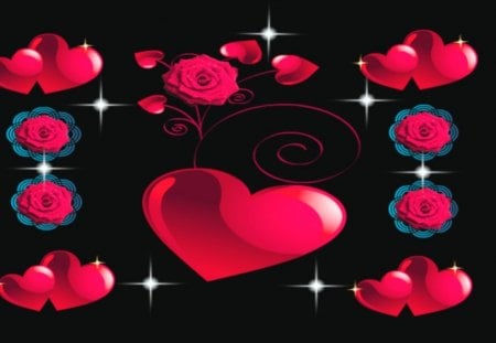 Hearts and Roses - sent with love, rromance, bright hearts and roses, love roses