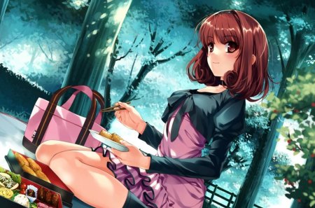 Sasaki Kaori - anime, anime girl, food, picnik, forest, sasaki kaori, nature, green, ushinawareta mirai wo motomete