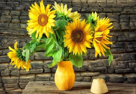 Still life - pretty, vase, sunflowers, beautiful, lovely, freshness, still life, harmony, flowers, fresh, nice, wall