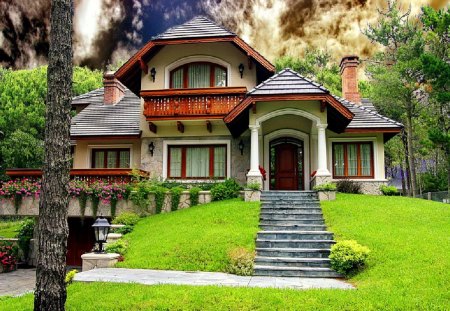 A country house - pretty, summer, cabin, grass, flowers, countryside, nice, cottage, sky, clouds, house, greenery, trees, beautiful, lovely, village, nature, green, serenity, country, peaceful