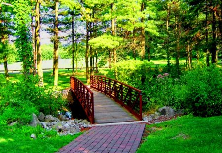 Bridge in green park - nice, fresh, trees, greenery, stream, water, park, lovely, creek, nature, forest, beautiful, river, green, grass, bridge