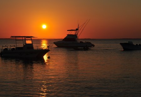 Sun Set on a Days Fishing - boats, holiday, tranquility, fishing, travel, paradise, orange, peace