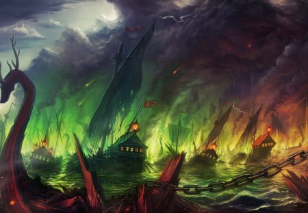 Battle - ship, art, battle, fantasy, cg