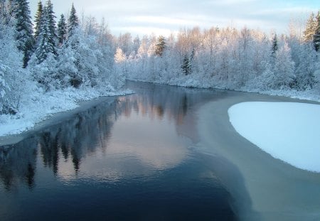 winter lake - snow, sunlight, lake, trees