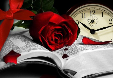 Book of Life - time, gothic, read, riibbon, fleur, dark, lovers, clock, rose petals, love, mystical, goth, blood, bow, romantic, flower, red rose