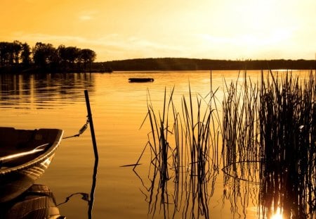 Super Golden Sunset - water, sunset, golden, boat