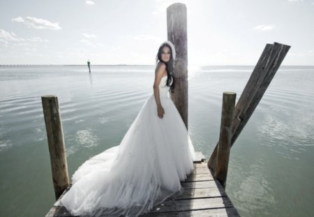 Lonely bride - emotion, bride, lonely, water, beautiful girl, wedding, alone, sunshine, white dress, feeling, river, lake