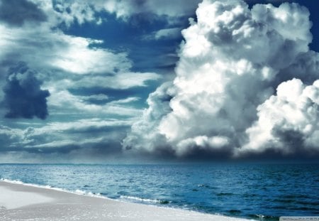 glorious clouds over a blue sea - sky, clouds, beach, sea, blue