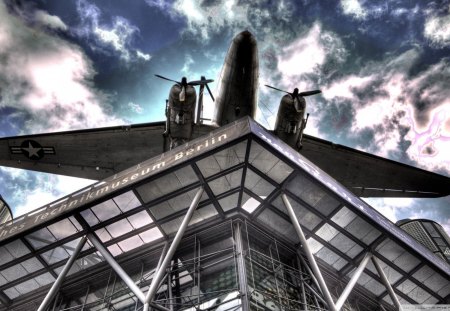 DC3 on technical museum in berlin hdr - hdr, plane, clouds, museum