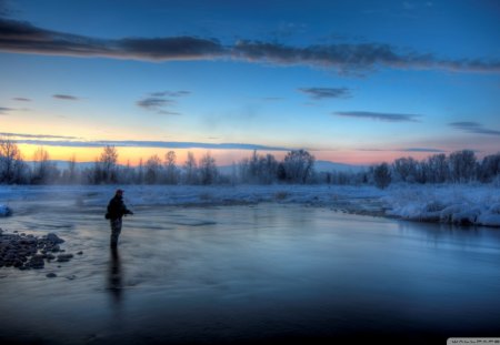 fishing in an icy dawn - frost, river, dawn, fishing