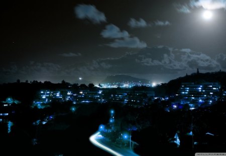 kaneohe hawaii at night - moon, clouds, night, city, road, lights