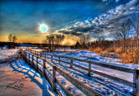 frozen bridge - blue, snow, winter, frozen, bridge