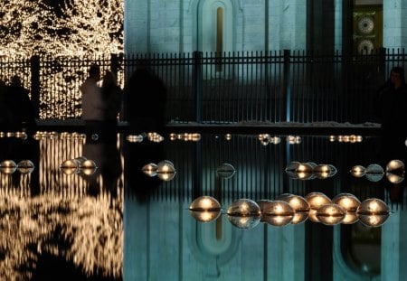 reflection pond - pond, lights, fence, reflection, church