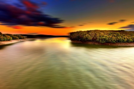 restless waters hdr - clouds, river, movement, island, forest