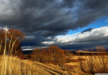 train tracks thru soldier hollow in late fall - fall, clouds, brushes, tracks, fields