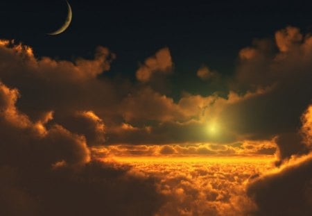 COPPER SUNSET - night sky, sky, clouds, flight, copper, suns, moons