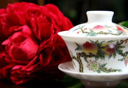 Red peonyâ™¥ - white pot, tea, delicious, gorgeous, red, moment, beautiful, peony, chinese