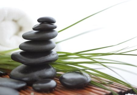 Zen stone - stone, fresh, peace, feng shui, black, calm, green, meditation, grass, zen