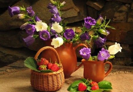 LITTLE BELLS - cups, strawberries, baskets, flowers, still life, pottery, fruit, wicker