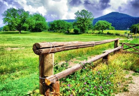 Field Fence - clouds, trees, blue, grass, daylight, fence wood, mountain, nature, green, dirt, field, day, sky