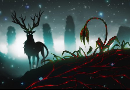 plants and deer - plants, night, stars, deer