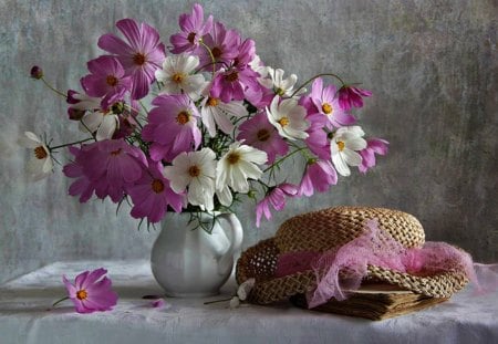 Still Life - pretty, romantic, book, daisy, romance, pink, old book, flowers, daisies, pink flowers, vase, hat, for you, white flowers, beautiful, photography, beauty, lovely, with love, still life, petals, white, nature