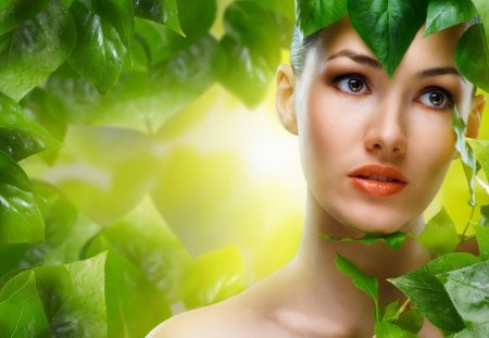 NATURE GIRL - lady, fram, girl, model, nature, face, young, beautiful, green leaves, leaves