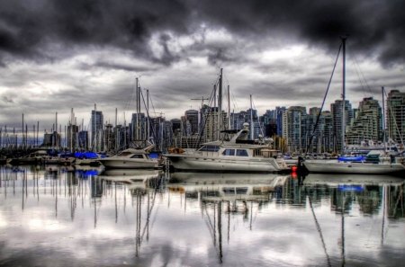 SILVER HARBOUR - clouds, reflections, oceans, water, waterscapes, sea, yachts, harbour, storms, ports, cityscapes, cities