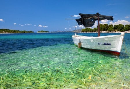 Clear Water - sun, clouds, summer, sea, boat