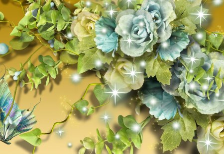 Aqua Flowers on Gold - cyan, roses, summer, glint, wink, spring, flash, gleam, leaves, radiate, spangle, twinkle, flowers, shiny, shimmer, glitter, flare, turquoise, glister, glimmer, lustre, winkle, sparkle, vines, scintillate, fleurs, glow, lights, butterfly, glisten, shine, luster