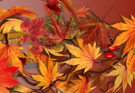 Autumn Winds - brown, gold, orange, leaves, berries, fall, colorful, autumn, bright, rust, decay